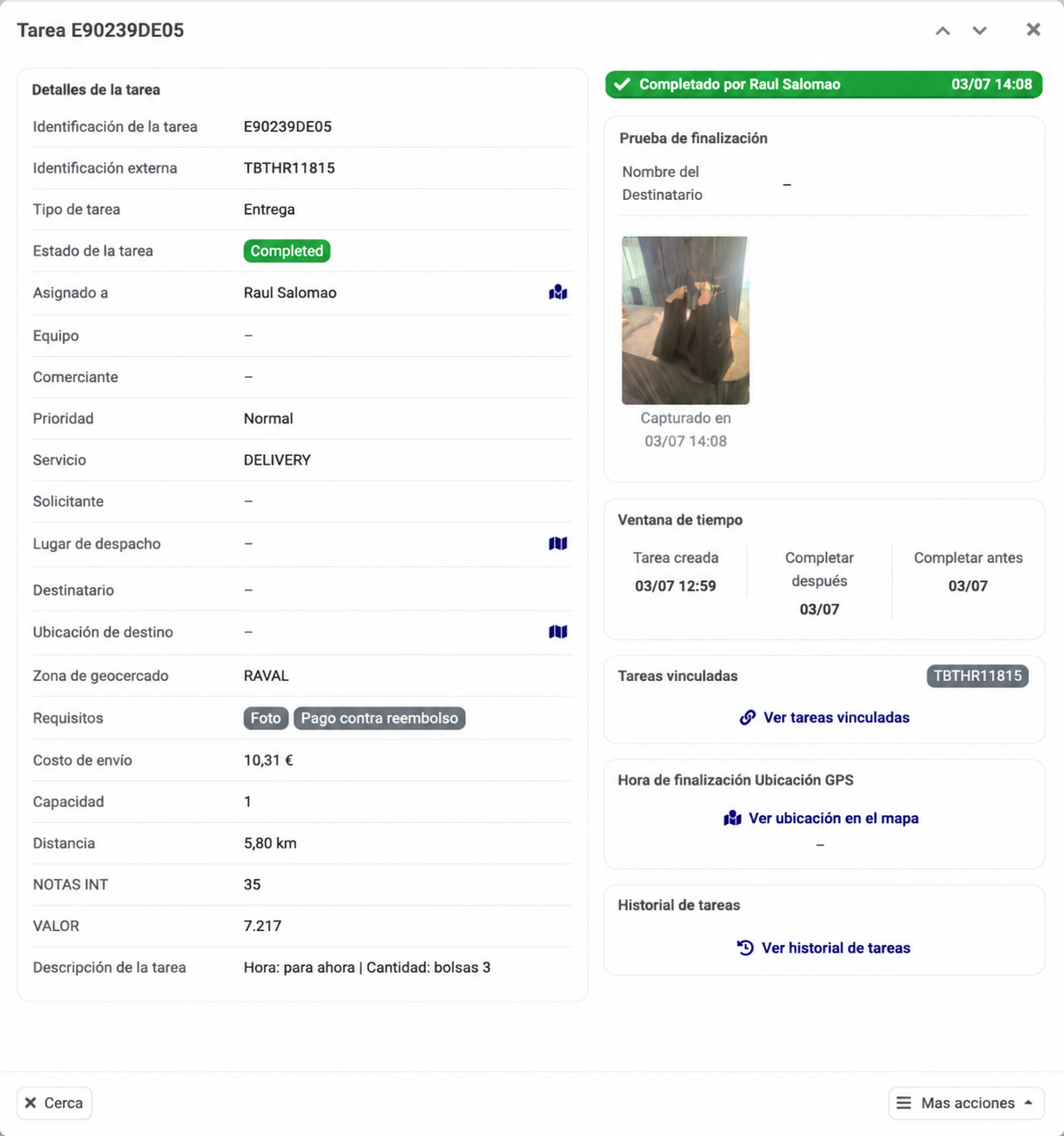 Comprobante de entrega completada en el panel Encobox con foto de prueba y datos del reparto